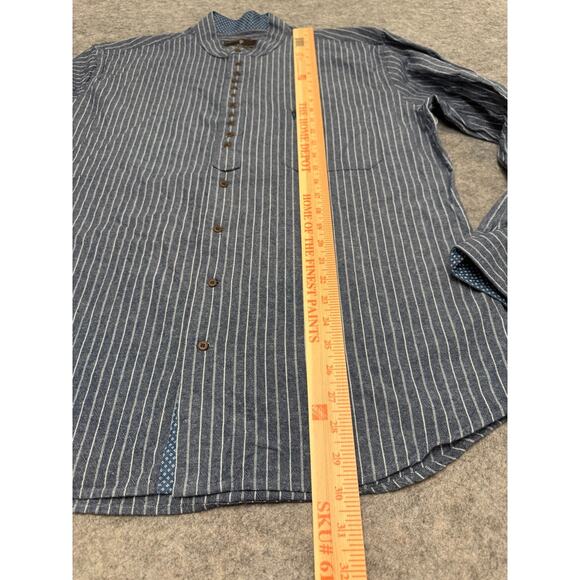 Celtic Ranchwear Shirt L Blue White Stripe Band Collar Button Cotton Linen - Picture 5 of 9